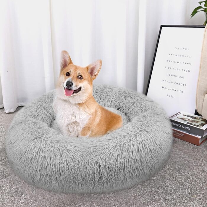 Заспокійливе ліжко для собак знімний чохол, миється, ліжко-пончик проти тривоги, м'яке, кругле, затишне, плюшеве, тепле, 60 см, світло-сірий, зовнішній діаметр 60 см (M), чорний