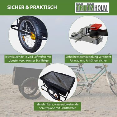 Причіп-вагон TRUTZHOLM 90 літрів для велосипеда: вантажний, з дахом та знімною ванною, чорний
