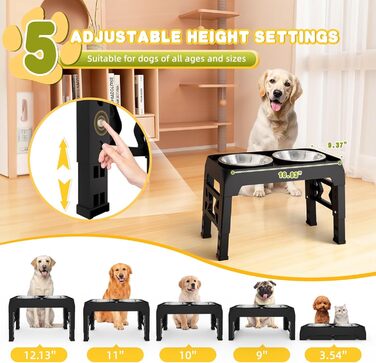 Підвищені годівниці для собак, 5 положень по висоті, підставка для собак з 2 мисками з нержавіючої сталі, неслизька, регулюється на 9, 22,9, 25,4, 27,9, 30,8 см, для середніх та великих собак