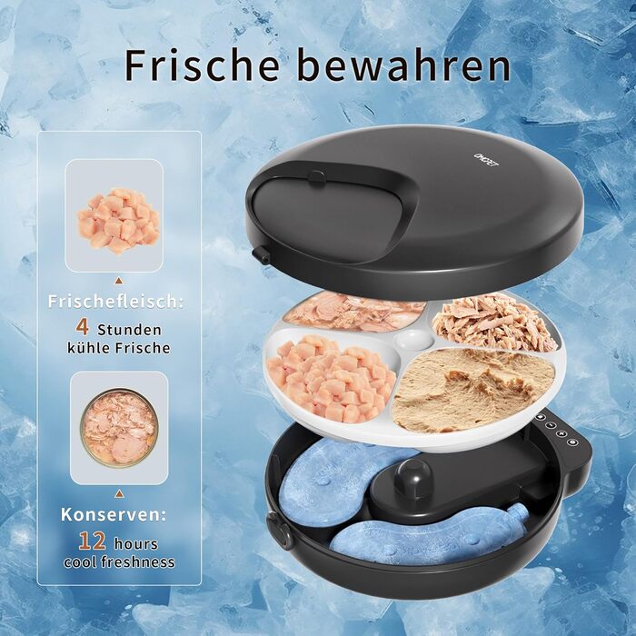 Автоматичний дозатор корму для котів та собак, 8oz*4 прийоми їжі, з таймером, з замком безпеки, з 2 охолоджувальними акумуляторами (Чорний)