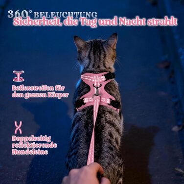 Шлейка для котів rabbitgoo з повідцем, анти-втеча, м'яка та зручна, світловідбиваюча, для безпечних прогулянок (Розмір S, Рожева)