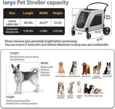 Візок для собак EchoSmile для середніх та великих собак до 70 кг, сірий, складний, з сітчастими віконцями та регульованою ручкою, 4 проходимі колеса