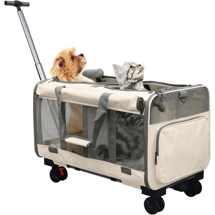 Переноска для котів велика, для 2 котів, складна, на колесах, знімні відділи, з іграшкою-пір'ям та ремінком, бежева