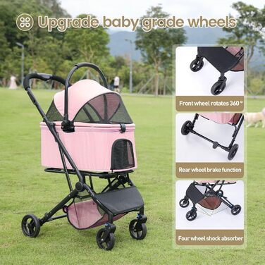 Дитячий візок-перевертач 2-в-1 для собак з знімним кошиком, складний візок для цуценят на 4 колесах, мінімалістичний візок для тварин з кишенькою для зберігання для середніх та маленьких собак, рожевий