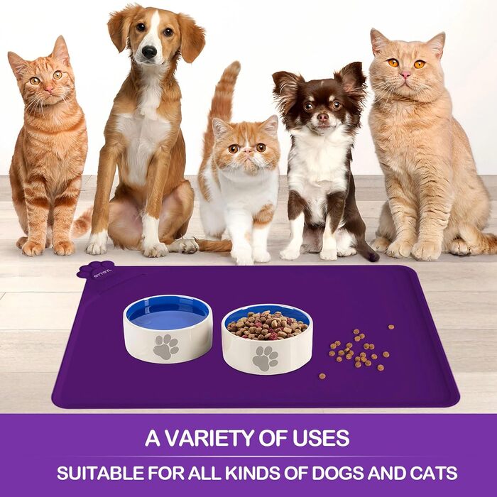 Водонепроникний килимок для годування домашніх тварин з високими бортиками, 55 x 38 см, силіконовий, нековзний, для собак, котів, запобігає розливу води (фіолетовий, 30x48 см)