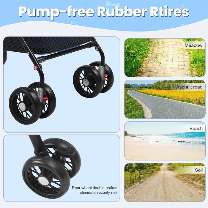 Легкий та складаний переносний візок для собак, блакитний. З сонцезахистом, гальмами та місцем для зберігання (до 10 кг)