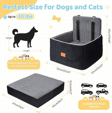 Автомобільний лежак для собак середніх та маленьких порід (до 13.6 кг), 52x52x50 см, з м'якою піною Memory Foam та кріпленням для безпеки