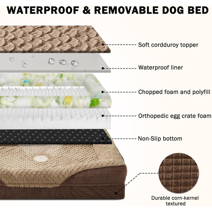 Ортопедичне ліжко для собак великих порід від INVENHO, велике (35'x 25'x 7'), коричневе, з пам'яті ефекту, водонепроникне, знімний, миючий чохол
