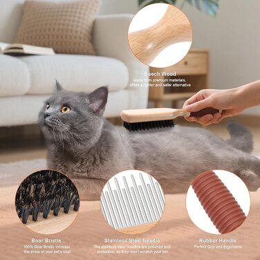 Двостороння щітка для собак та котів з щетиною кабана та пензлем, для догляду за шерстю, підходить для короткошерстих порід, з дерев'яною ручкою з гумовим покриттям