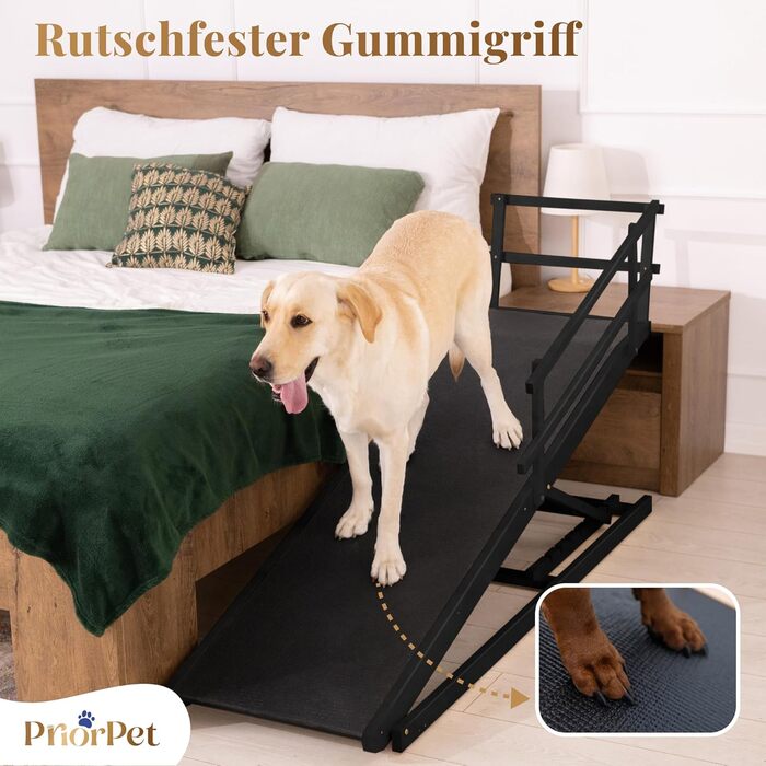 Східці для собак до ліжка з захисним бар'єром - для великих собак до 90 кг - регульована висота до 94.5 см - ширина 49.5 см - складані - антиковзні ручки - береза - натуральний колір (чорний)