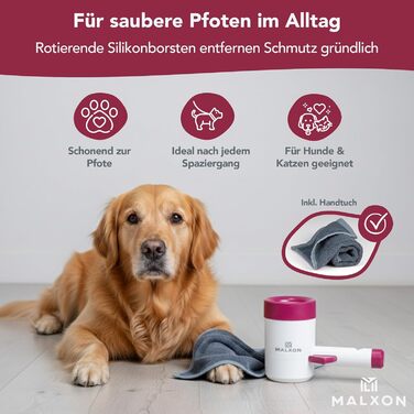 MALXON® Очищувач лап для котів та дрібних собак | Розутачі лап з обертовими силіконовими щетинками | М'який та швидкий, ідеальний для маленьких лапок | Включає мікрофіброве полотно | Рожево-білий (Фіолетово-білий)