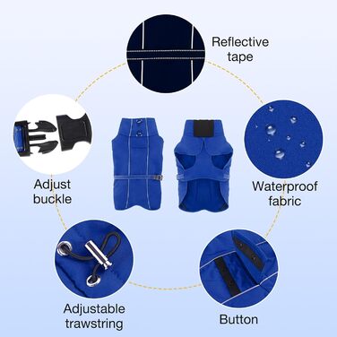 Водонепроникний зимовий теплий одяг для собак, куртка з високим коміром та флісовою підкладкою, регульована посадка, для середніх та великих порід, синій