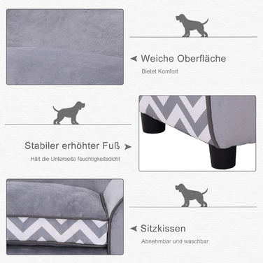 PawHut Dog Sofa Pet Диван з подушкою, можна прати, оксамитовий сірий, підняті ніжки, 73,5x41x33см для комфорту та стилю