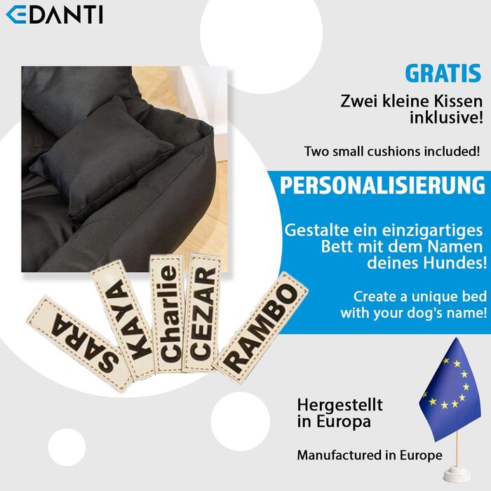 Персоналізоване ліжко-подушка для собак та котів з іменем. Розміри L-XL (100x75 см), чорний колір. Підходить для великих, середніх та маленьких собак.