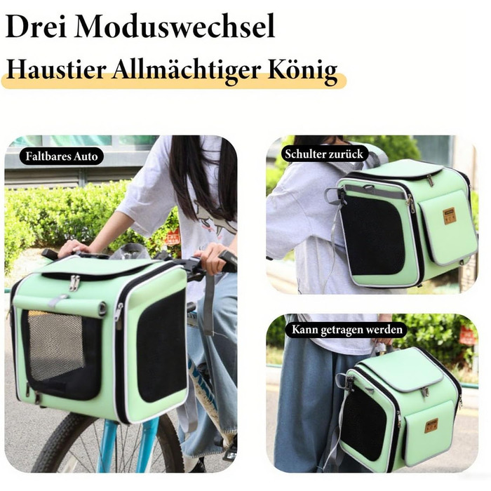 Кошик для собак на велосипед, розкладний, зелений. Кошик для тварин до 10 кг з 4 дверцятами та сітковими вікнами.