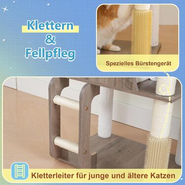 Дерев'яний кігтетопор Hey-brother Holz Kratzbaum 184см для великих котів, багатоярусний, зі стійкою платформою, кошиком, будиночком, щіткою та драбиною (Gris Vintage)