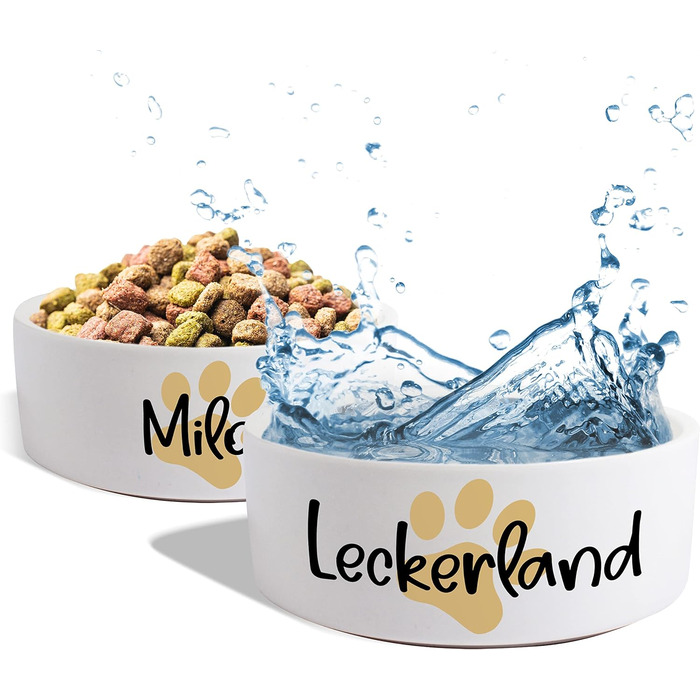 Керамічний двомісний набір мисок з іменем або текстом для собак та котів 'Велика лапа' - персоналізований набір мисок з/без підставки | Миска для собак, годівниця, миска для котів | Годівниця (2 x 500 мл)