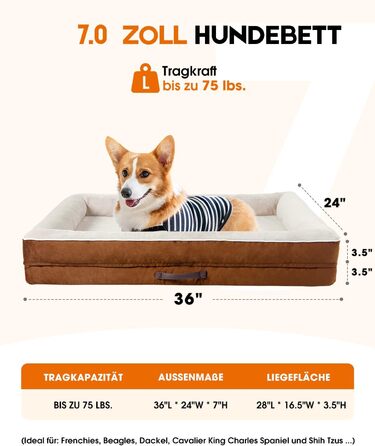 Ортопедичне ліжко для собак великих порід, корзина для собак, що можна прати, з піною у формі яйця, водовідштовхуване ліжко для собак з неслизьким дном та чотиристоронні подушки (колір: коричневий, розмір: 91x61x18 см)