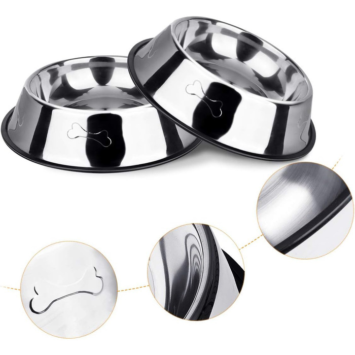 Миски для собак з нержавіючої сталі, 2 шт. - неслизька основа, для корму та води, середніх та великих собак, срібні