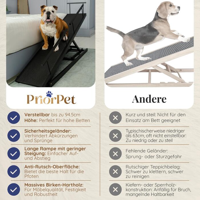 Сходинки для собак PRIORPET з берези з поручнями - регульована висота до 94.5 см - складаються - антиковзні ручки - для малих собак до 23 кг - коричневі (чорні)