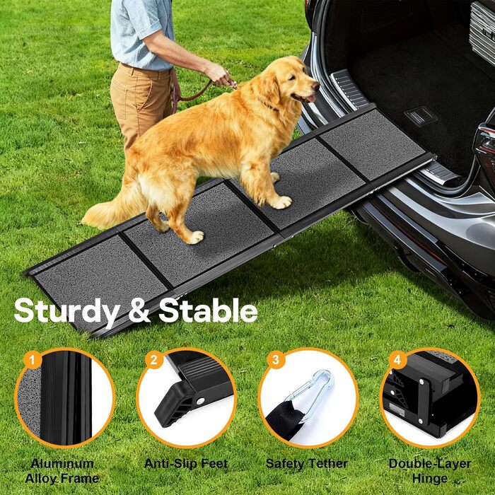 Рампа для великих тварин, 170.2 см x 43.2 см, розкладна, алюмінієва, з водонепроникним килимком, до 113 кг, для великих собак, підходить для SUV