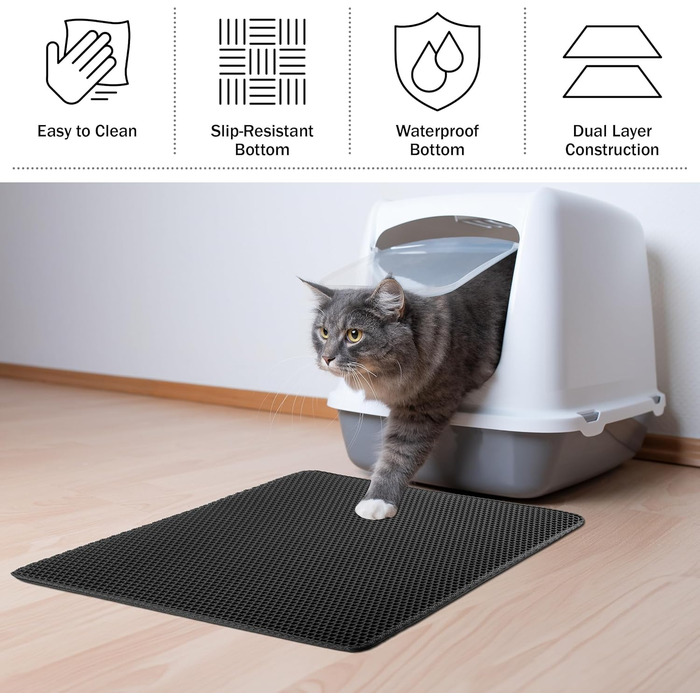Водонепроникний килимок для котячого туалету PETMAKER 30x24 см, двошаровий, вловлює наповнювач, протиковзкий, чорний