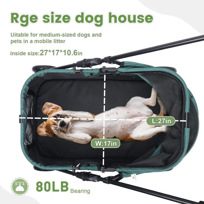 Дитячий візок для собак з 4 колесами, складний, для подорожей, з регульованою ручкою, подвійна місткість, візок-джаггер з передніми дверцятами (Блакитно-зелений, Темно-зелений)