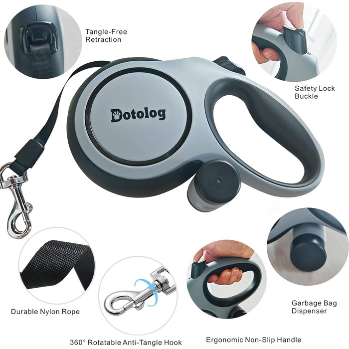 Рулетка для собак Dotolog 8м з двома лініями, з безпечною застібкою, для собак середніх та великих порід (сірий/чорний)