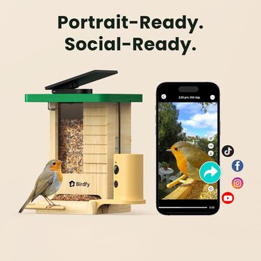 Розумна годівниця для птахів Birdfy з камерою 1080P, сонячною панеллю та ШІ-розпізнаванням 6000+ видів птахів, водонепроникна дерев'яна годівниця з App Live-переглядом