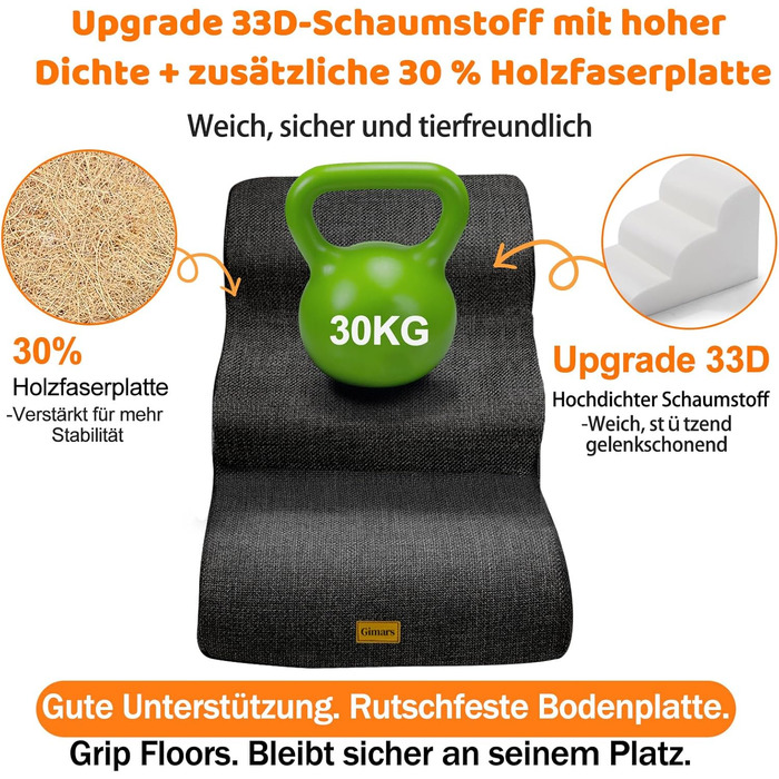 Сходинка для собак Gimars з 3 ступенями, 40 см, з високощільним пінополіуретаном, широка та стійка, знімний та пральний чохол, неслизьке дно, портативна рамка для маленьких собак до дивану, ліжка, авто, чорна