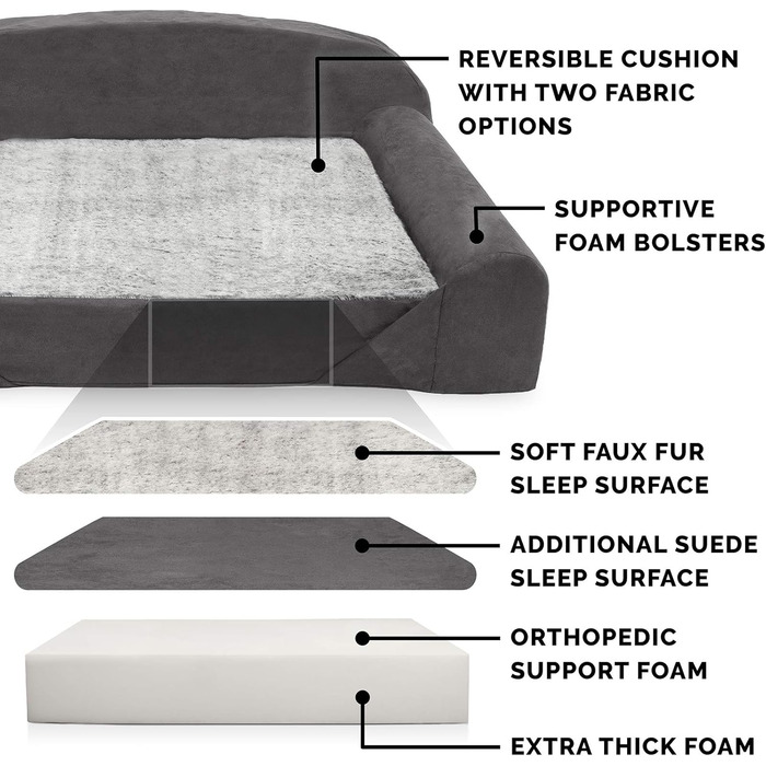 Ортопедичне собаче ліжко Furhaven для великих та середніх собак знімний, пральний чохол та двостороннє пінополіуретанове подушка, для собак до 34 кг – Luxury Edition з штучного хутра та замші – L 86 x B 107 x H 33 см, сірий колір (Luxury Edition з штучног