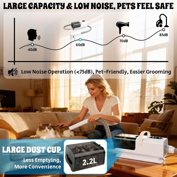 3-в-1 Машина для стрижки собак з пилососом, машинка для стрижки котів та собак з 6 гребінцями, пилосос для собак 2.2л з щіткою, фен для собак з 13 інструментами, 3 режими повітря, холодний/гарячий потік