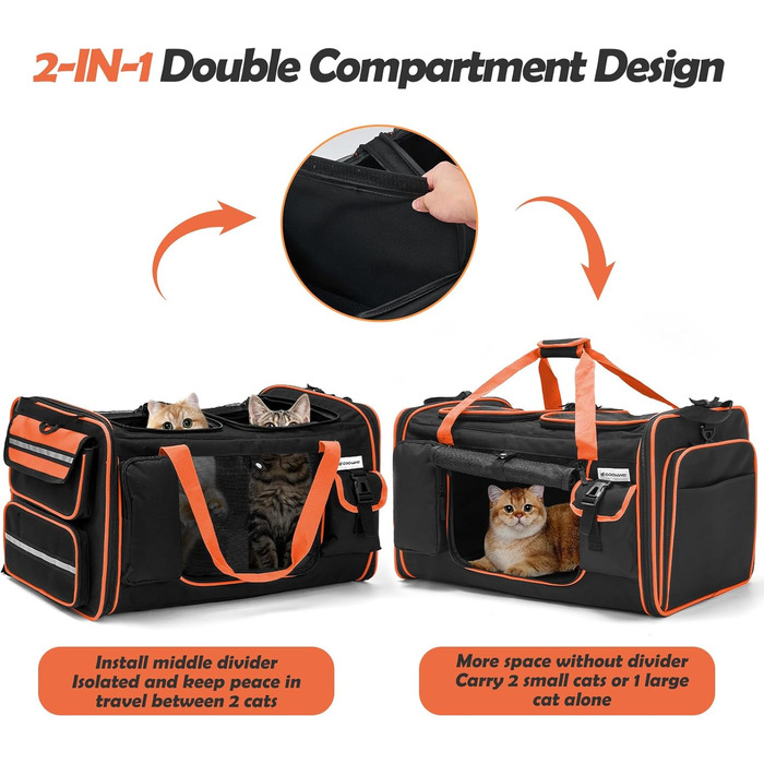 Транспортна переноска для котів Odoland, 60x38x35 см, розширювана, з туалетом для котів, з плечовим ременем, ідеальна для подорожей