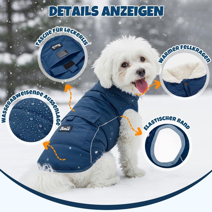 Зимова куртка для собак Nasjac Hund Wintermante, тепла флісова куртка для собак, водонепроникна куртка для собак, для собак маленьких та середніх розмірів (Темно-синій, L)
