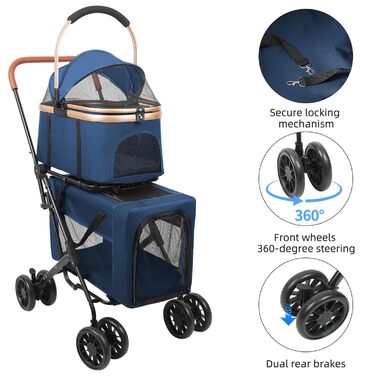 Візок для тварин, бугі для собак та котів, складний, блакитний. Матеріал: дихаюче сіткоподібне полотно + водовідштовхувальне оксфордське полотно 300D. Макс. вага: 20 кг.
