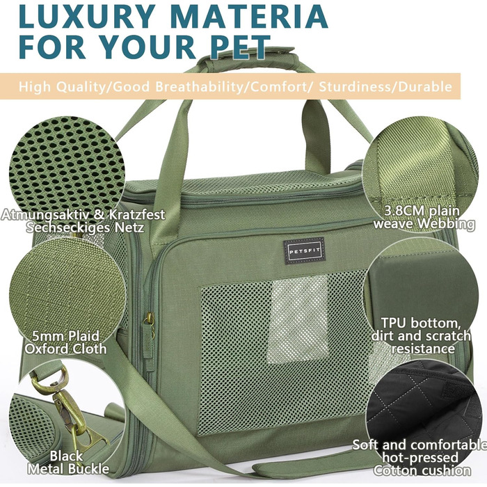 Транспортна переноска для котів та собак Petsfit, складана, 50L, оливковий, з м'яким килимком