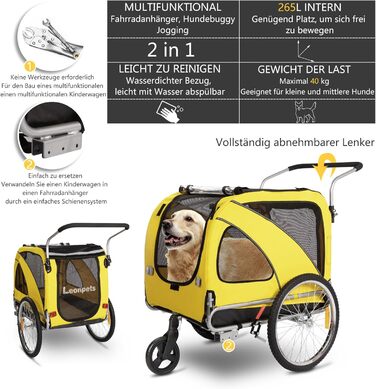 Трансформер для собак XL: велосипедний/біговий, 600D Oxford, до 40 кг, жовтий