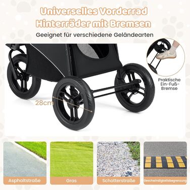 Візок для тварин Costway, розкладний, до 25 кг, для собак та котів, 3 колеса, регульований дах, сітчасте вікно, кошик та подушка, сірий