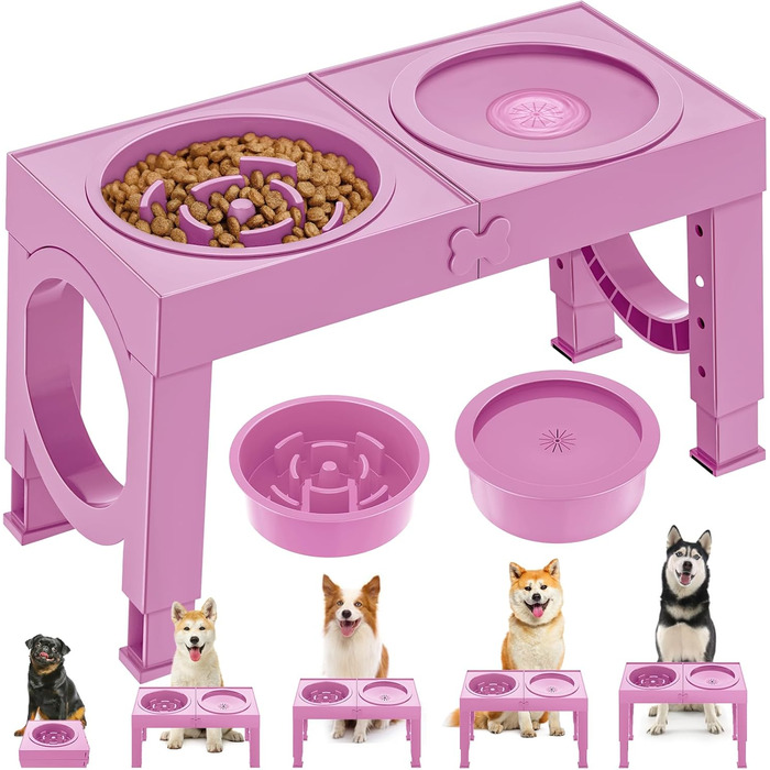 Набір мисок для собак X XBEN 3-в-1: миска для води з захистом від пролиття 1.4L, миска від захлистування 1L, годівниця з 5 рівнями регулювання висоти для середніх та великих собак, нековзна годівниця, рожевий колір