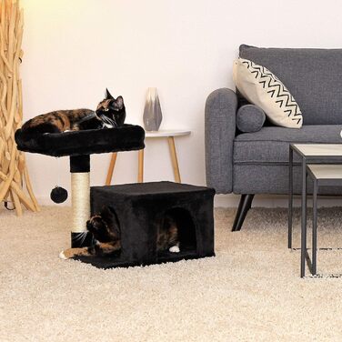 Дряпка для котів Lionto з лежаком та печерею, 50 см, з м'ячиком та дзвіночком, мотузкою з сизалю та плюшем, підходить для котів будь-якого розміру (Чорний)