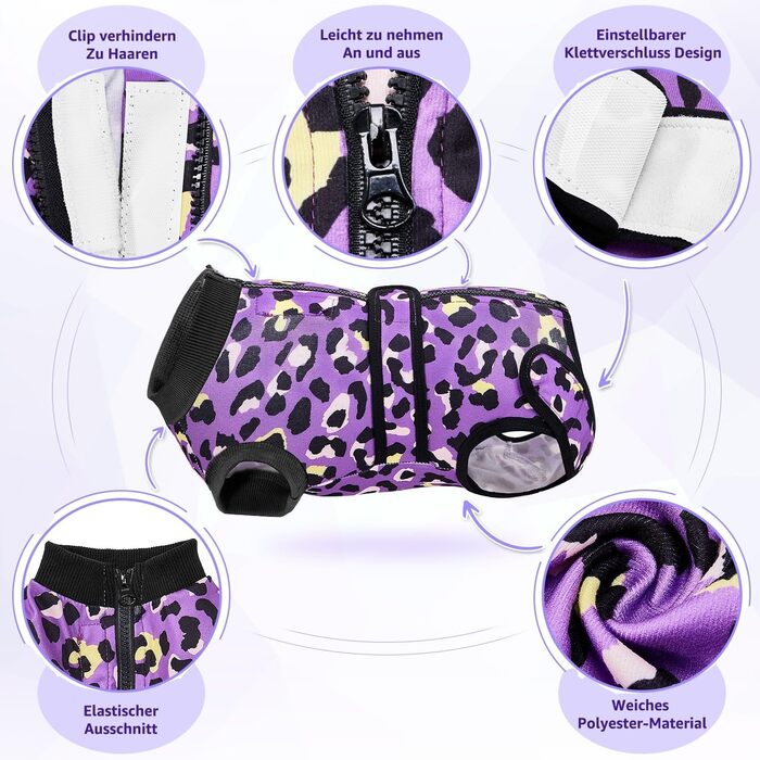 Комбінезон для собак після операції, м'який, дихаючий, захист від лизання, комбінезон з блискавкою, альтернатива електронного нашийника, для собак після кастрації (леопардовий принт, фіолетовий, розмір S)