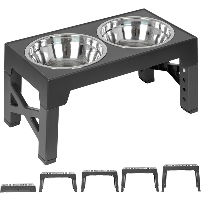 Підвищена годівниця для собак FOREYY з 2 мисками з нержавіючої сталі (1200 мл), регульована висота (8-31 см), стійка до ковзання, для середніх та великих собак (сіра)