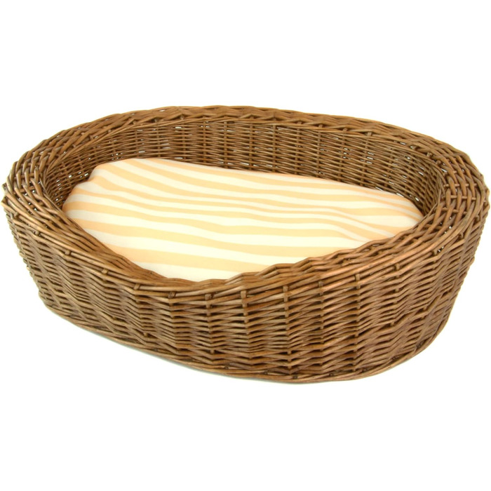 Ліжко для собак та котів, плетене з лози, кругле, з стьобаним подушкою в смужку, розмір M, коричневе