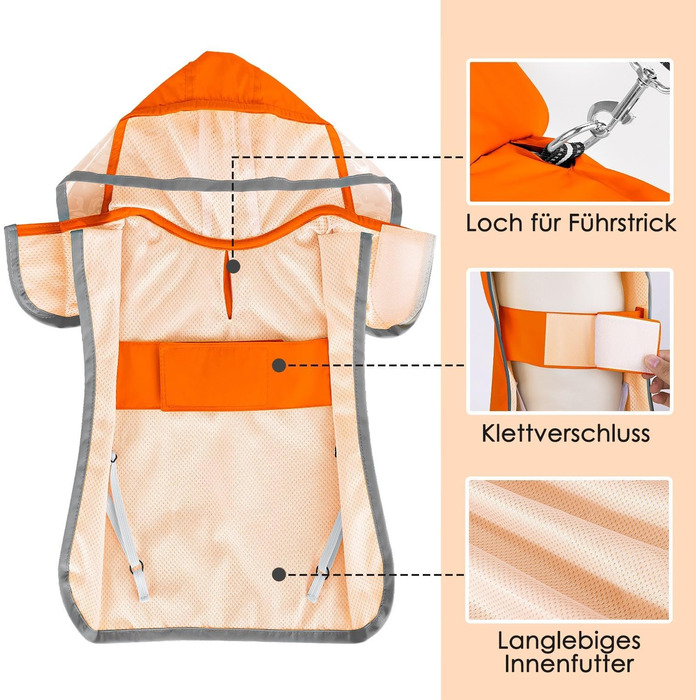 Водонепроникна дощовик для собак SowTon з капюшоном, для малих, середніх та великих собак, з світловідбиваючими смугами та сумкою для зберігання (M, Оранжевий)