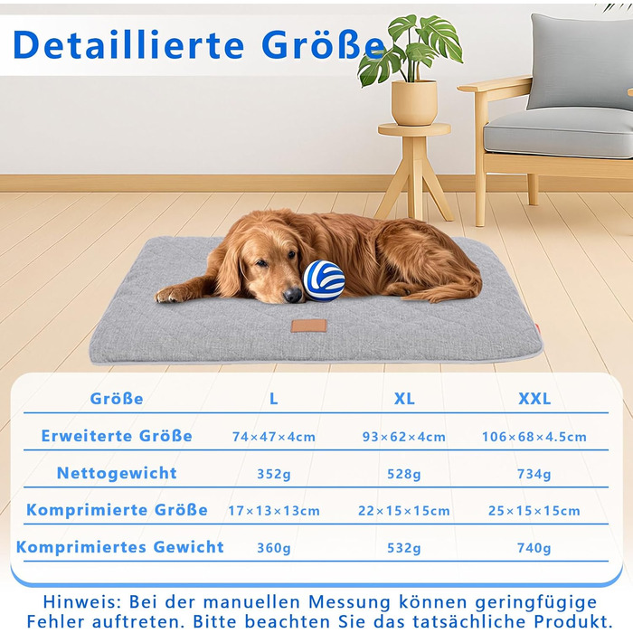 Килимок для собак, неслизький, миючий, для активного відпочинку, знімний чохол, для маленьких, середніх та великих собак, теплий взимку та прохолодний влітку, сірий, XXL (105 x 68 x 4,5 см)