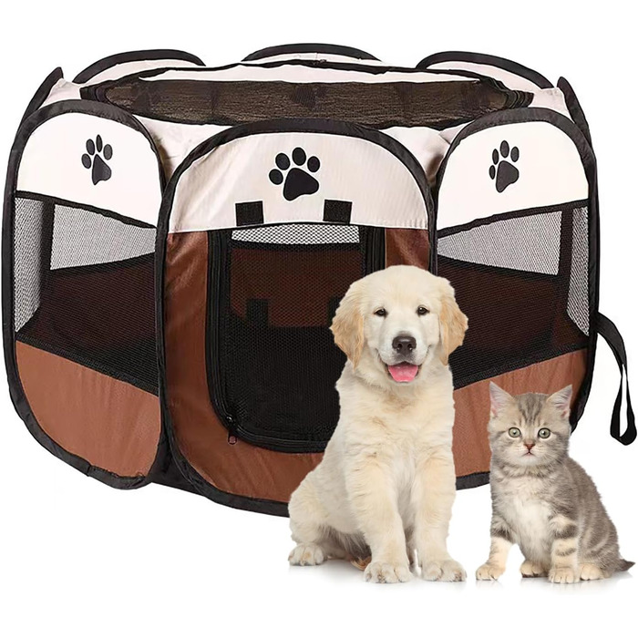 Переносний загін для тварин: загін для собак, вольєр для кошенят, кроликів. Водонепроникний вольєр з оксфордської тканини для дому та вулиці. Колір: коричневий
