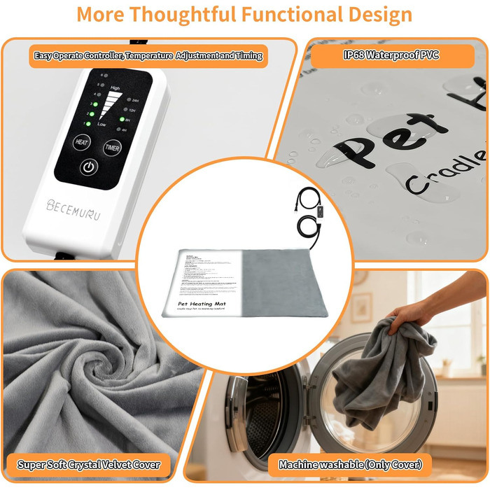 Електричний нагрівальний килимок BECEMURU для котів та собак 45x40 см з регулюванням температури та таймером