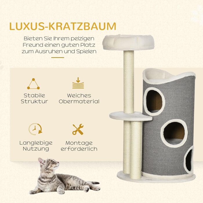 Котячий комплекс PawHut 109 см з когтеточкою та лежаком, біло-сірий, меблі для котів із сизалевими стовпчиками та тунелем