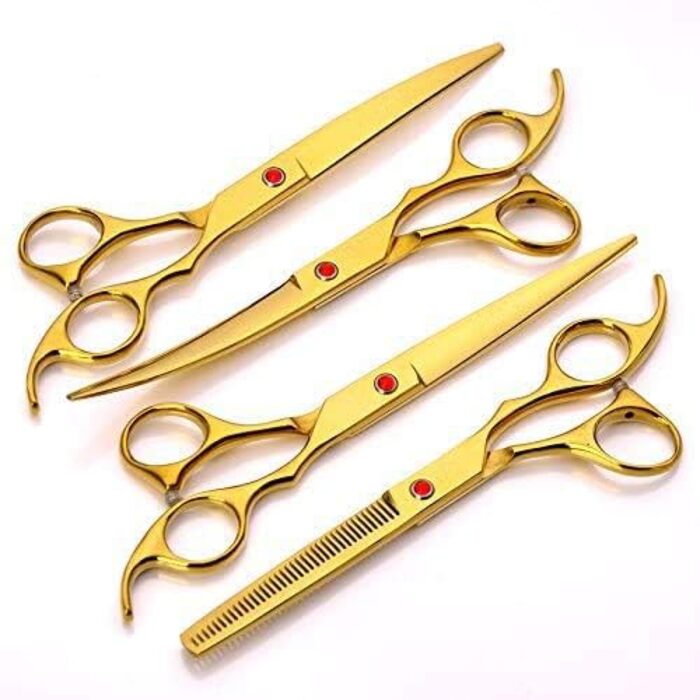 Професійні ножиці для собак 7 дюймів, набір 4 шт. (прямі, вигнуті, розріджувачі), чорний/золотий
