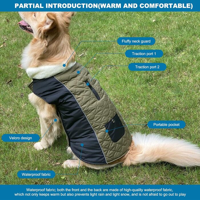 PETCUTE Зимовий теплий куртка для собак з відбиваючими елементами, регульований, з отвором для повідка, для маленьких, середніх та великих собак (S, Зелений)